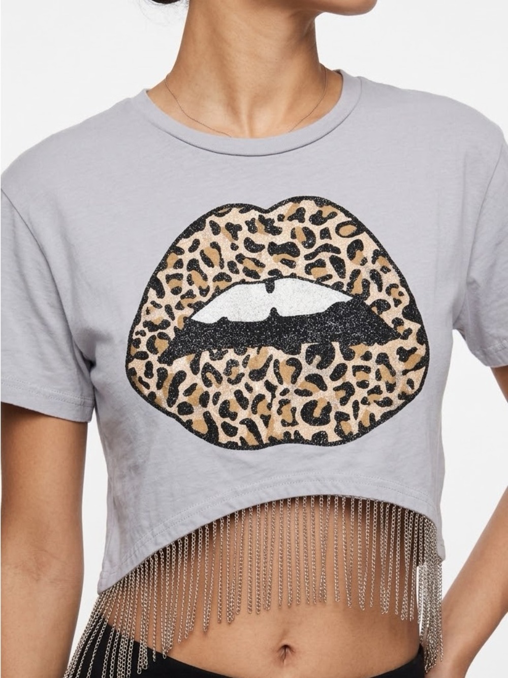 Kiss Gray Crop Tee with Leopard Lip Graphic & Chain Fringe